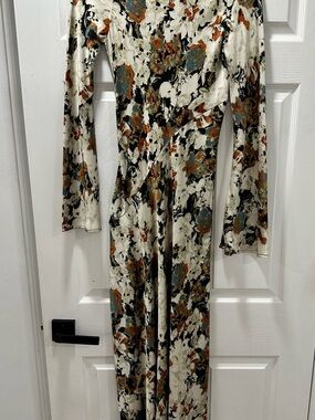 Abstract Floral Long-Sleeve Jumpsuit in Cream and Multicolor